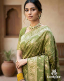 Lookmor Olive Green Banarasi Silk Saree with Golden Zari Work #114