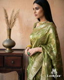 Lookmor Olive Green Banarasi Silk Saree with Golden Zari Work #114