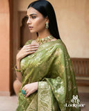 Lookmor Olive Green Banarasi Silk Saree with Golden Zari Work #114