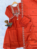Designer Anarkali Kurti Pant Dupatta Set – Orange | Roman Silk Embroidered Festive Wear (D-139)