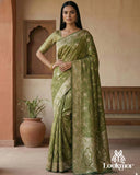 Lookmor Olive Green Banarasi Silk Saree with Golden Zari Work #114