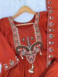 Designer Anarkali Kurti Pant Dupatta Set – Orange | Roman Silk Embroidered Festive Wear (D-139)