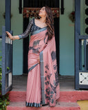 Artistic Dusty Rose Linen Cotton Saree with Contemporary Bird Print