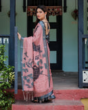 Artistic Dusty Rose Linen Cotton Saree with Contemporary Bird Print