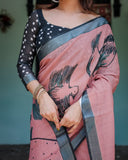 Artistic Dusty Rose Linen Cotton Saree with Contemporary Bird Print