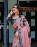 Artistic Dusty Rose Linen Cotton Saree with Contemporary Bird Print