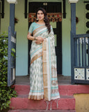 Chic Off-White & Turquoise Linen Cotton Saree with Geometric Motifs | 733
