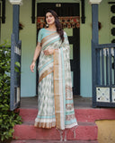 Chic Off-White & Turquoise Linen Cotton Saree with Geometric Motifs | 733
