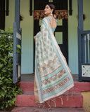 Chic Off-White & Turquoise Linen Cotton Saree with Geometric Motifs | 733
