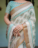 Chic Off-White & Turquoise Linen Cotton Saree with Geometric Motifs | 733