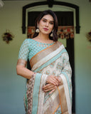 Chic Off-White & Turquoise Linen Cotton Saree with Geometric Motifs | 733