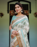 Chic Off-White & Turquoise Linen Cotton Saree with Geometric Motifs | 733