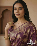 Lookmor Wine Banarasi Silk Saree with Golden Zari Work #114