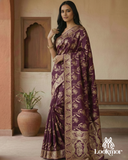 Lookmor Wine Banarasi Silk Saree with Golden Zari Work #114