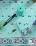 Elegant Cyan Cotton Kesapaat Mekhela Sador Set with Geometric Woven Patterns and Jura