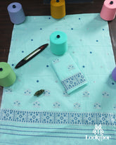 Trendy Cyan Cotton Kesapaat Set Mekhela Sador in Contemporary Weave with Matching Jura