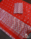 Red Semi Paat Mekhla Chador with Silver Jari – Elegant Assamese Traditional