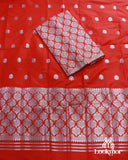 Red Semi Paat Mekhla Chador with Silver Jari – Elegant Assamese Traditional