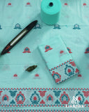 Elegant Cyan Cotton Kesapaat Mekhela Sador Set with Geometric Woven Patterns and Jura