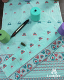 Elegant Cyan Cotton Kesapaat Mekhela Sador Set with Geometric Woven Patterns and Jura