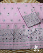 Charming Light Pink Cotton Kesapaat Mekhela Sador in Floral Motif with Graceful Jura Pairing