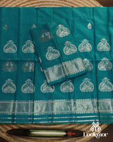Graceful Cyan Blue Super Semi Pat Mekhela Sador with Lustrous Finish