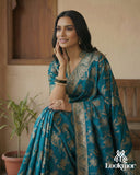 Lookmor Teal Banarasi Silk Saree with Golden Zari Work #114