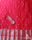 Red Pink Silver Jari Super Semi Paat Set Mekhela Sador