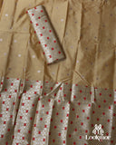Beige + Red Silver Jari Super Semi Paat Set Mekhela Sador
