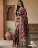 Lookmor Wine Banarasi Silk Saree with Golden Zari Work #114