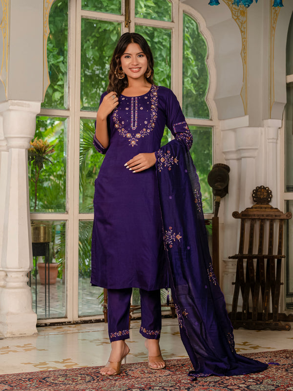 Elegant Straight Kurti Pant Dupatta Set – Violet | Marina Silk Embroidered Ethnic Set (D-116)