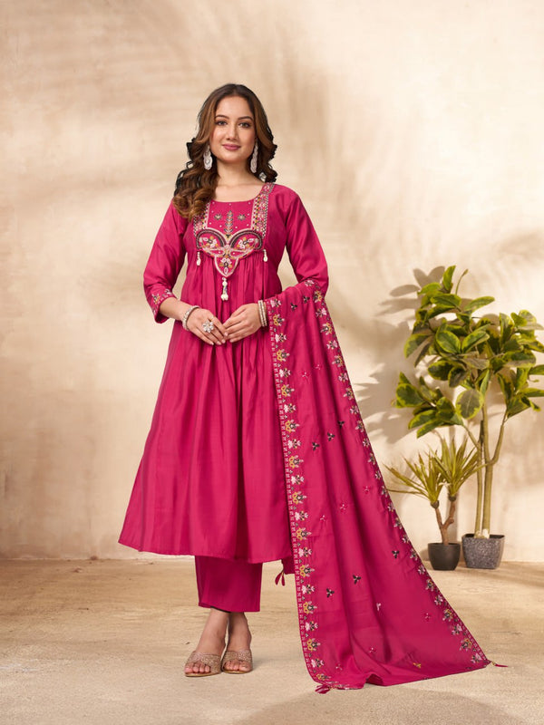 Designer Anarkali Kurti Pant Dupatta Set – Pink | Roman Silk Embroidered Festive Wear (D-139)