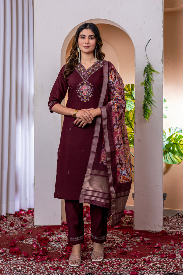 Lookmor Elegant Straight Kurti Pant Dupatta Set – Wine | Marina Viscose Silk Embroidered Ethnic Set (D-112)