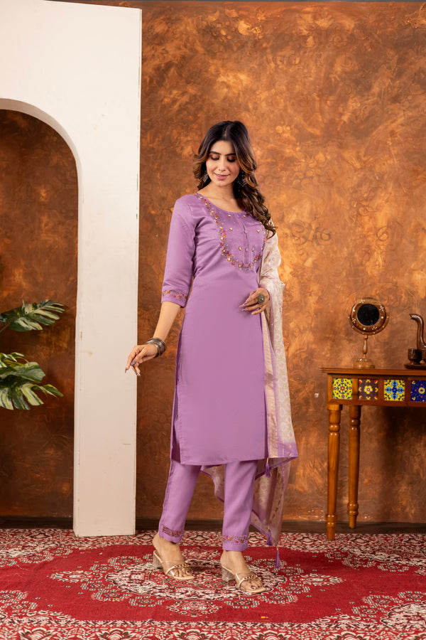 Lookmor Elegant Straight Kurti Pant Dupatta Set – Lavender | Marina Silk Embroidered Ethnic Wear (D-101)