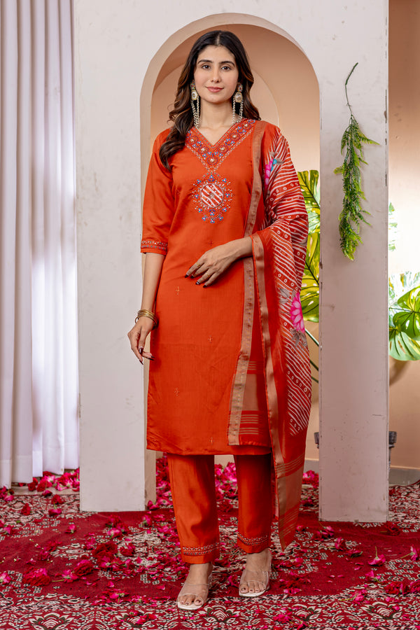 Lookmor Elegant Straight Kurti Pant Dupatta Set – Orange | Marina Viscose Silk Embroidered Ethnic Set (D-112)
