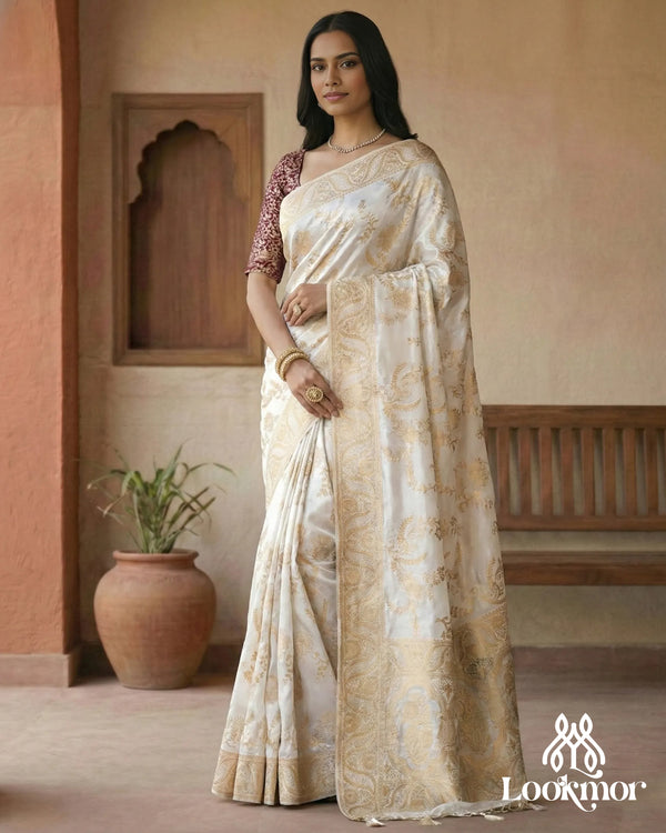 Lookmor Ivory Banarasi Silk Saree with Golden Zari Work #114