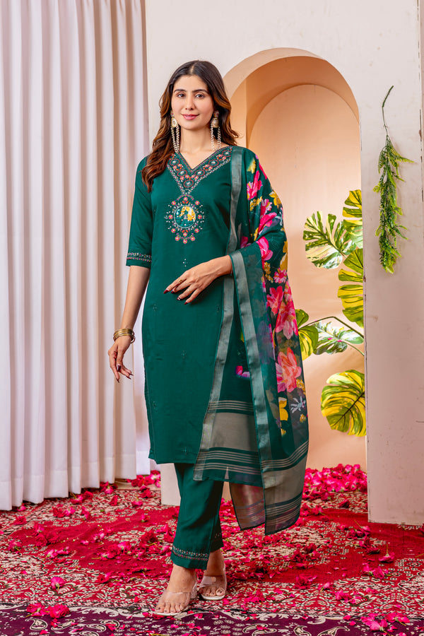 Lookmor Elegant Straight Kurti Pant Dupatta Set – Green | Marina Viscose Silk Embroidered Ethnic Set (D-112)