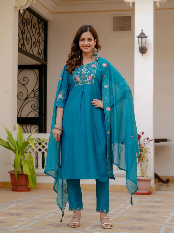 Designer Kurti Pant Dupatta Set – Light Blue | Pure Viscose Mango Silk Embroidered Set (D-145)