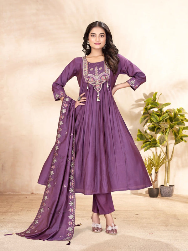 Designer Anarkali Kurti Pant Dupatta Set – Purple | Roman Silk Embroidered Festive Wear (D-139)
