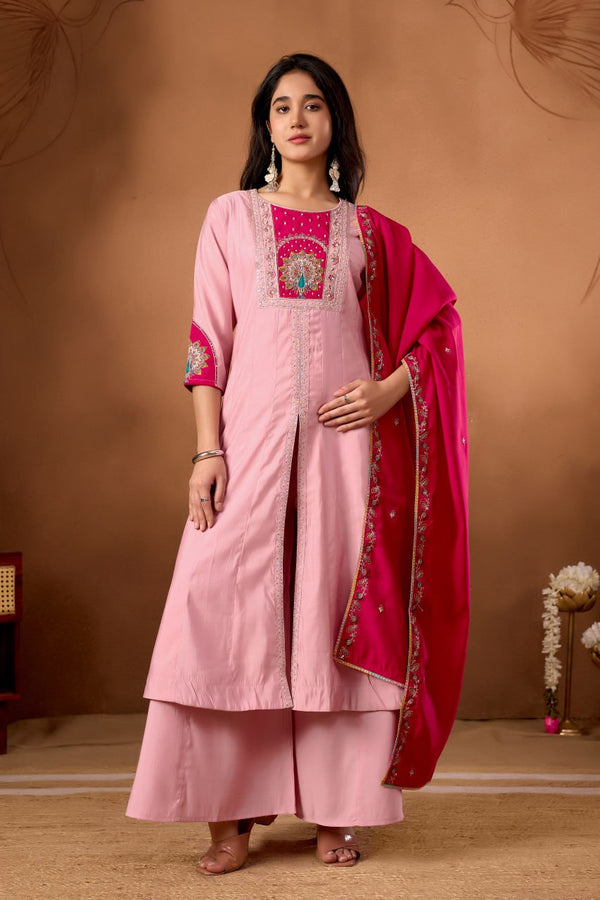 Designer Anarkali Kurti Palazzo Dupatta Set – Pure Pink | Roman Silk Embroidered Festive Wear (D-150)