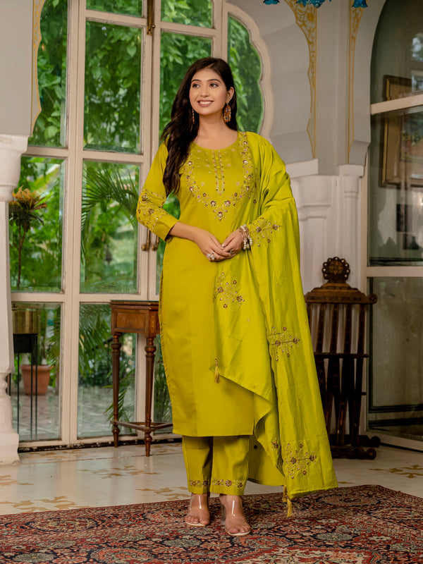 Elegant Straight Kurti Pant Dupatta Set – Mustard Yellow | Marina Silk Embroidered Ethnic Set (d-116)