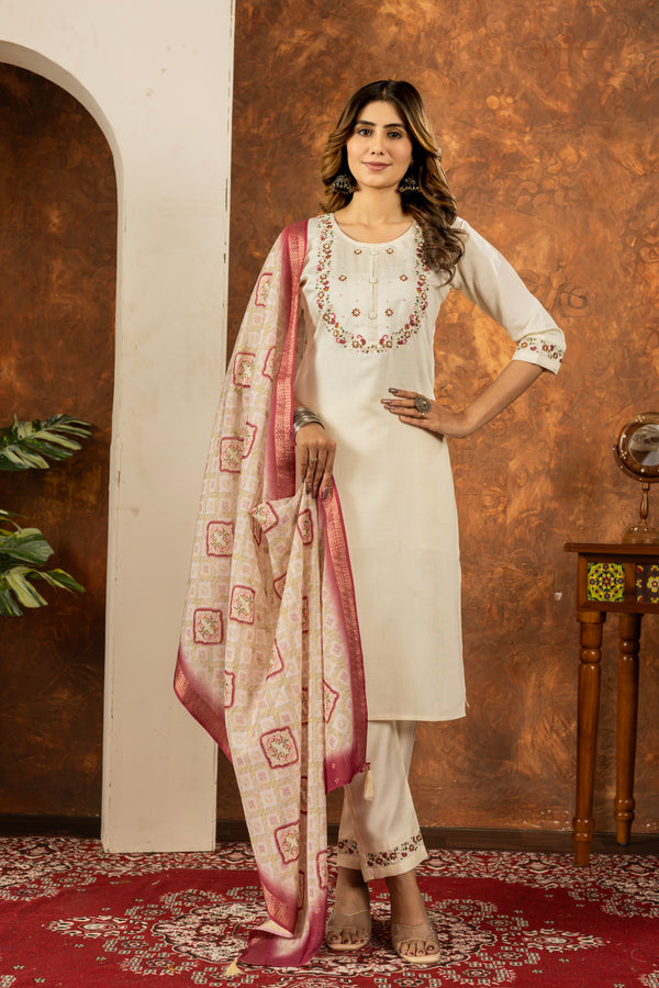 Lookmor Elegant Straight Kurti Pant Dupatta Set – Off White | Marina Silk Embroidered Ethnic Wear (D-101)