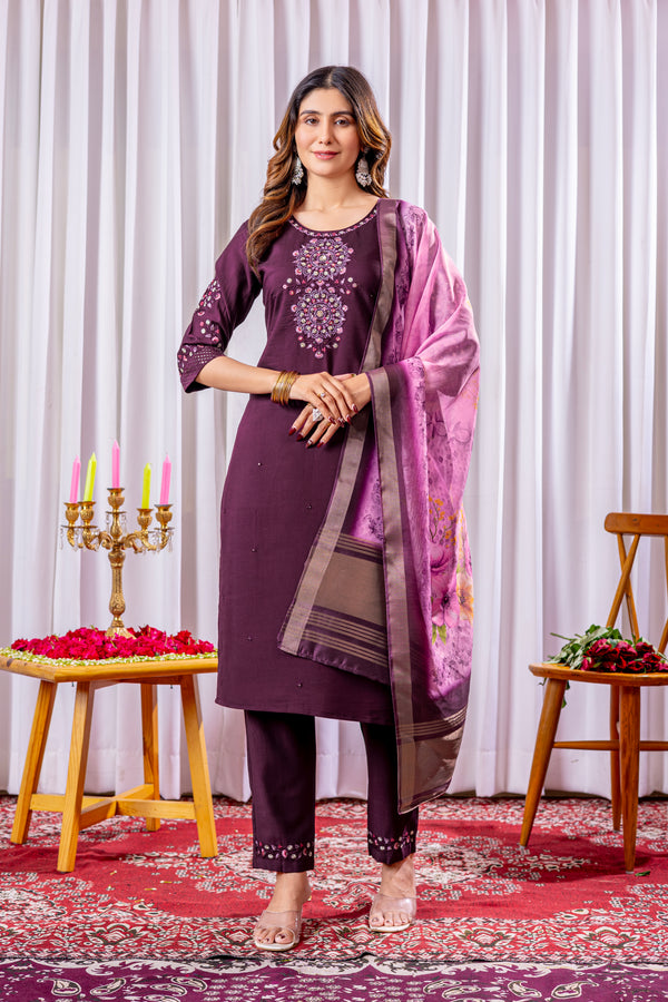 Elegant Straight Kurti Pant Dupatta Set – Wine | Viscose Silk Embroidered Ethnic Set (D-111)