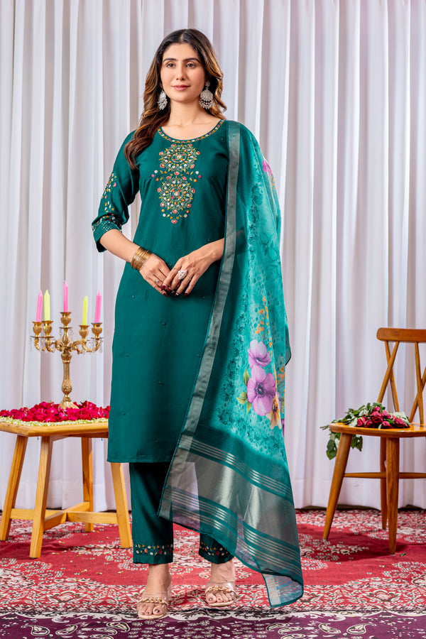 Elegant Straight Kurti Pant Dupatta Set – Green | Viscose Silk Embroidered Ethnic Set (D-111)
