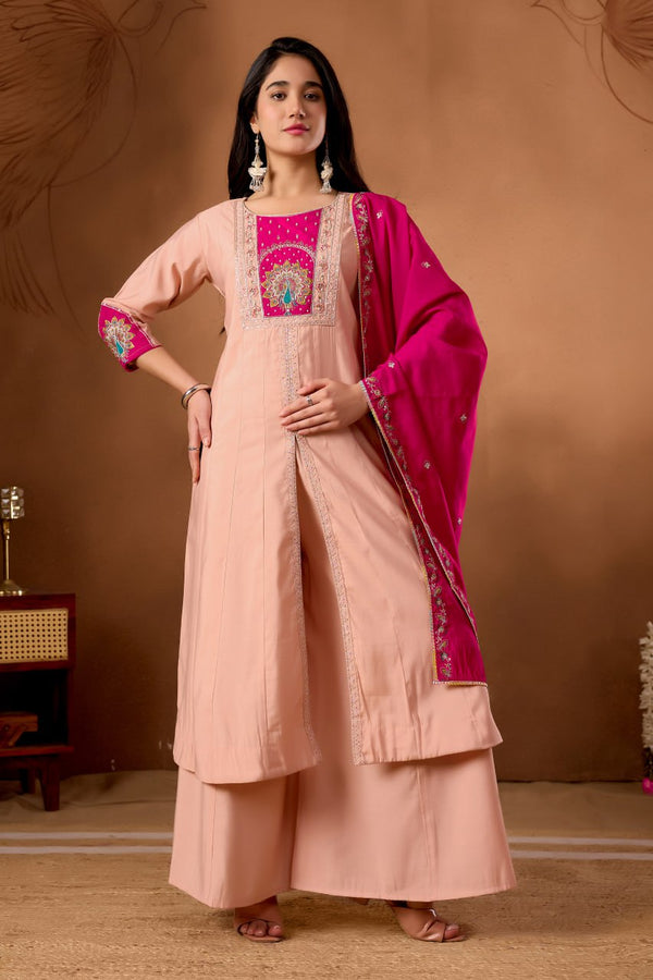Designer Anarkali Kurti Palazzo Dupatta Set – Pink | Roman Silk Embroidered Festive Wear (D-150)