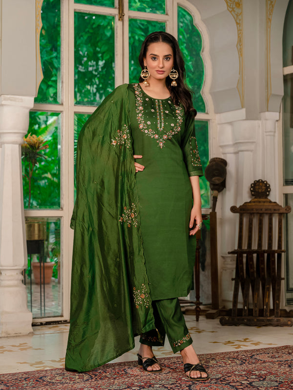 Elegant Straight Kurti Pant Dupatta Set – Mehndi Green | Marina Silk Embroidered Ethnic Set (D-116)