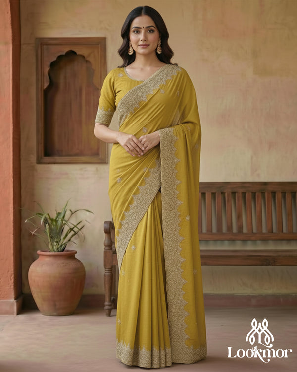 Elegant Mustard Yellow Embroidered Chiffon Saree with Antique Border | 2017