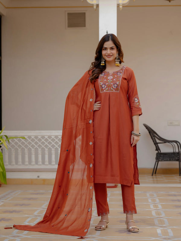 Designer Kurti Pant Dupatta Set – Orange | Pure Viscose Mango Silk Embroidered Set (D-145)