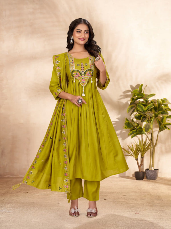 Designer Anarkali Kurti Pant Dupatta Set – Yellow | Roman Silk Embroidered Festive Wear (D-139)
