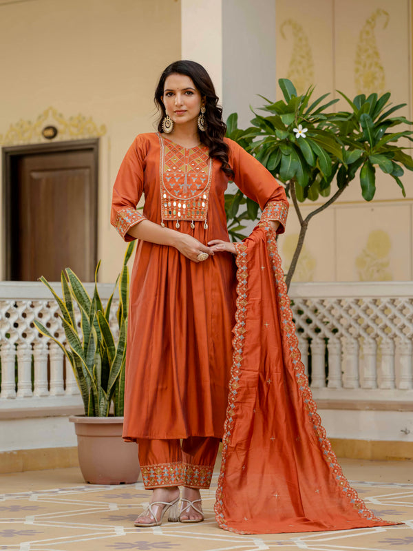 Designer Anarkali Kurti Pant Dupatta Set – Orange | Embroidered Viscose Roman Silk Ethnic Set (D-126)